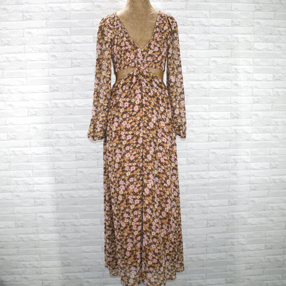 LUSH Dress Floral Fall Cutout Bare Midriff Shirred Elastic Long Sleeve Boho SM